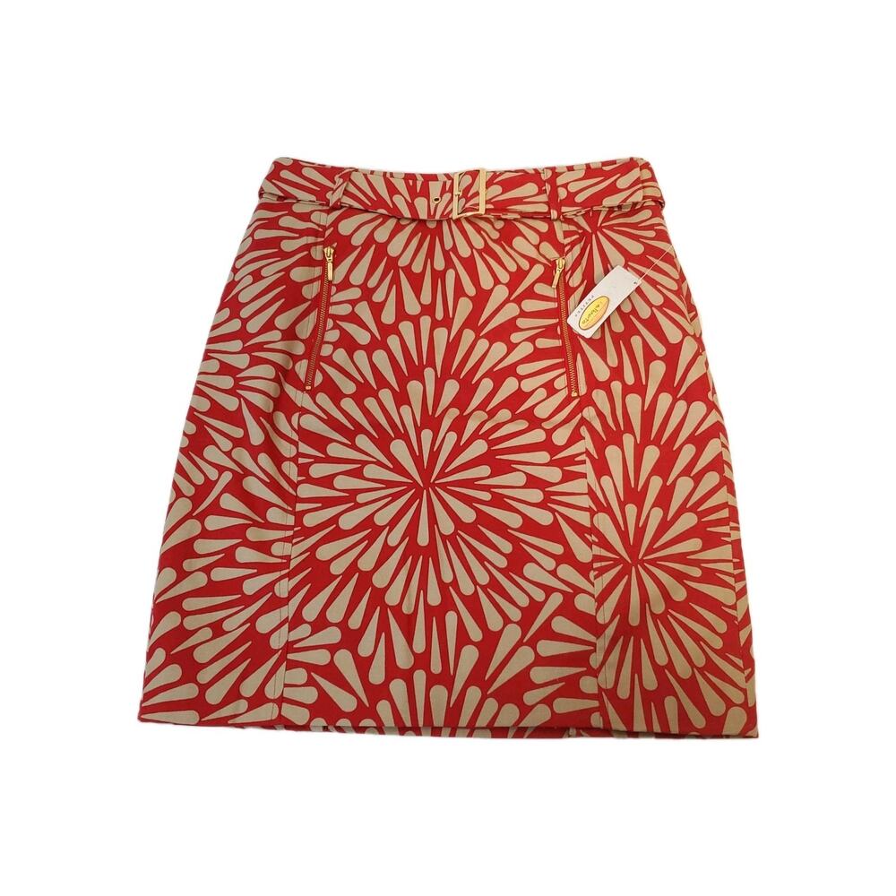 Talbots Womens Petites Pencil Lined Skirt SZ 2 Red Burst Print Belt Pockets Zip